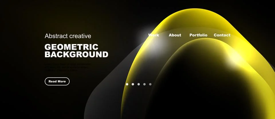 Dark background features vibrant yellow shapes, text elements, navigation Illustrazione stock