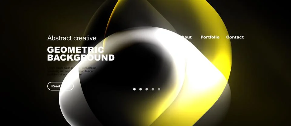 Dark background features vibrant yellow, white curves. Text includes geometri Stock Illustration