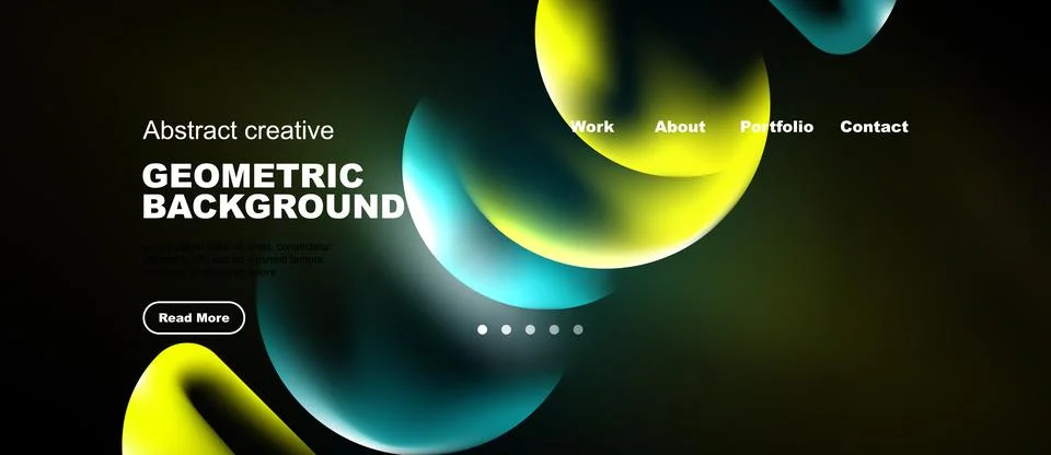 Dark background features vibrant yellow, teal shapes. Text promotes creative Stock Illustration