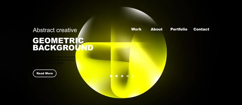 Dark background features vibrant yellow geometric shapes. Website navigation Stock Illustration