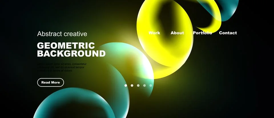 Dark background features vibrant yellow, teal shapes. Website header includes Illustrazione stock
