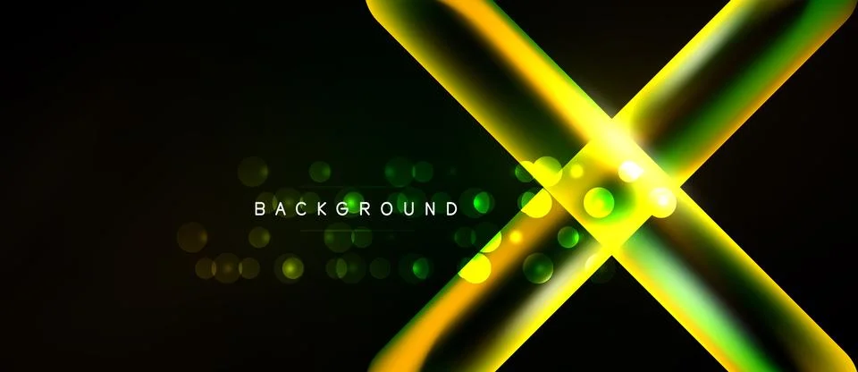 Dark background features vibrant yellow, green lines. Circular glows add dept Stock Illustration