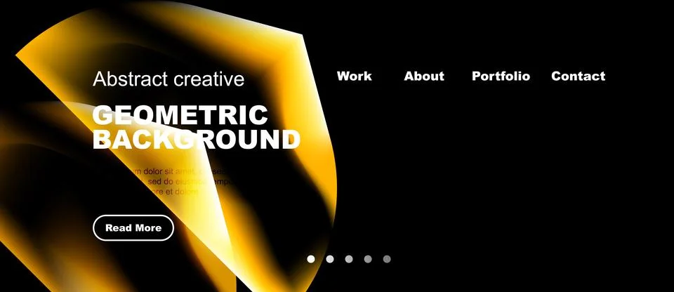 Dark background features vibrant yellow geometric shapes, text, navigation .. 스톡 일러스트