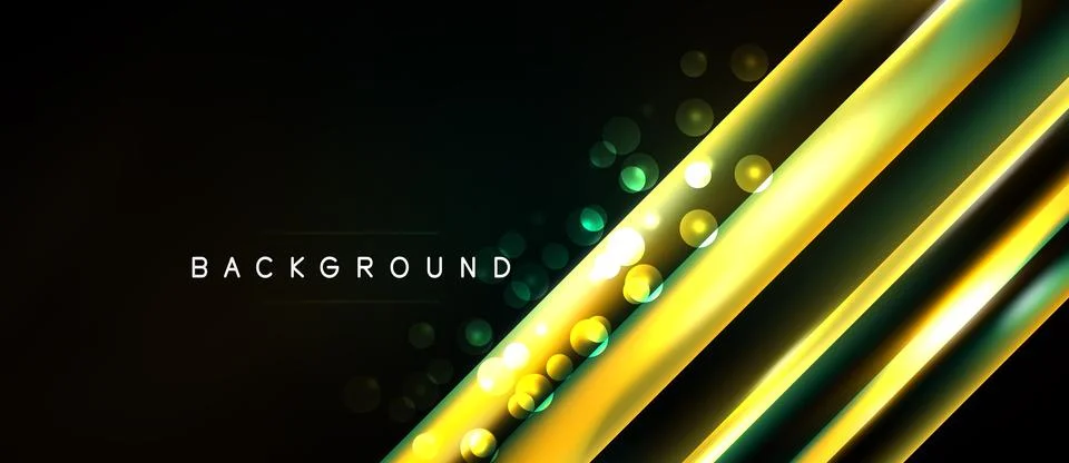 Dark background features vibrant yellow, green lines. Glowing orbs add depth, Stock Illustration