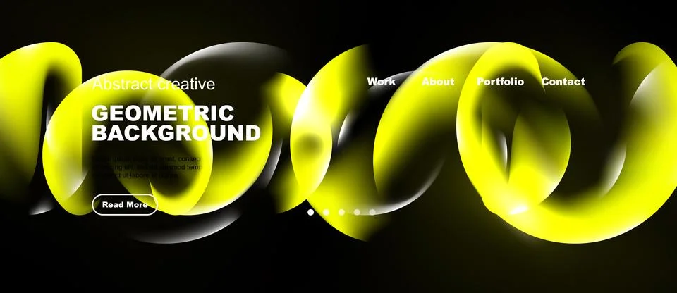 Dark background features vibrant yellow abstract shapes. Text elements includ Stock Illustration