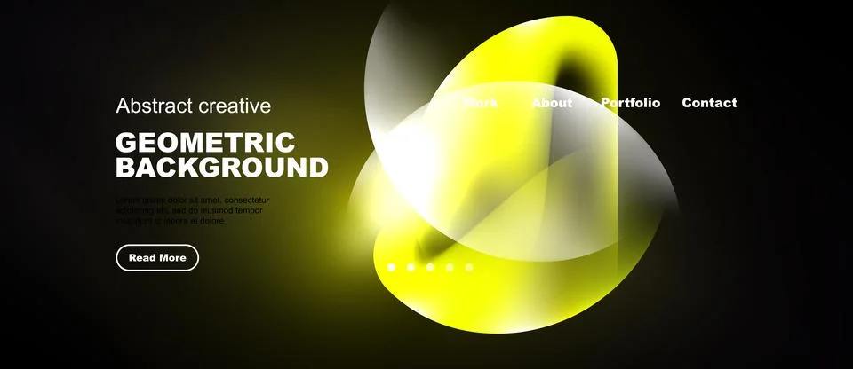 Dark background features vibrant yellow geometric shapes. Website header Stock Illustration