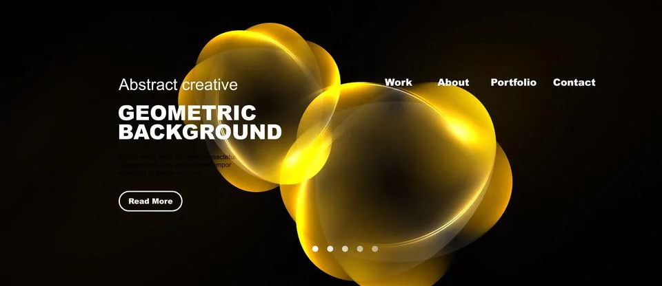 Dark background features vibrant yellow geometric shapes. Website header Illustrazione stock