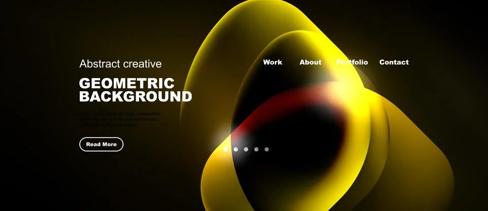 Dark background features vibrant yellow, orange curves. Website header includ Stock Illustration