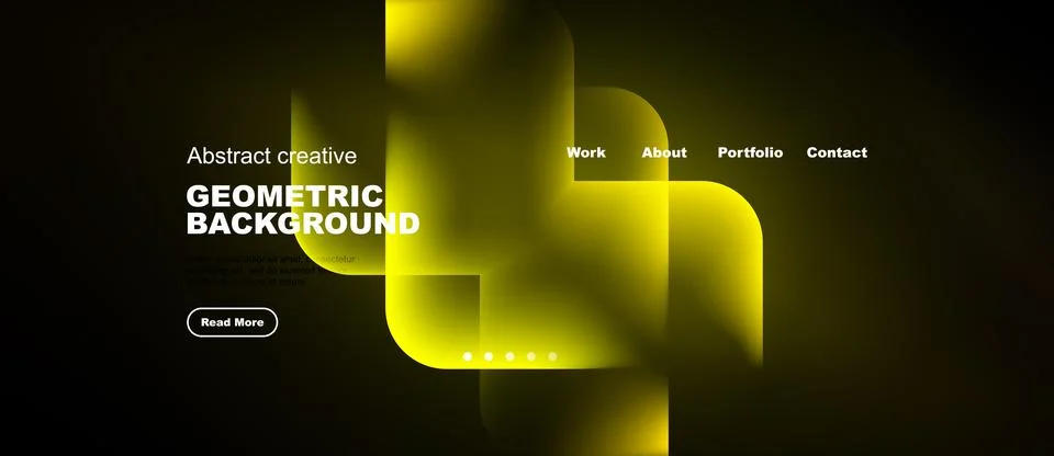 Dark background features vibrant yellow geometric shapes. Website header Stock Illustration