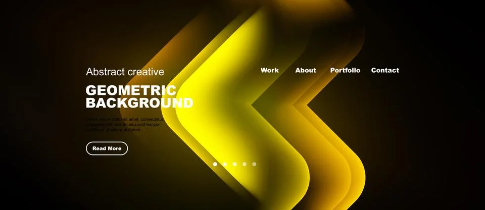 Dark background features vibrant yellow geometric shapes. Website header Stock Illustration