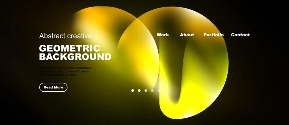 Dark background features vibrant yellow, orange shapes. Website header includ Stock Illustration