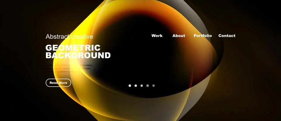 Dark background features vibrant yellow, orange shapes. Website header includ Stock Illustration