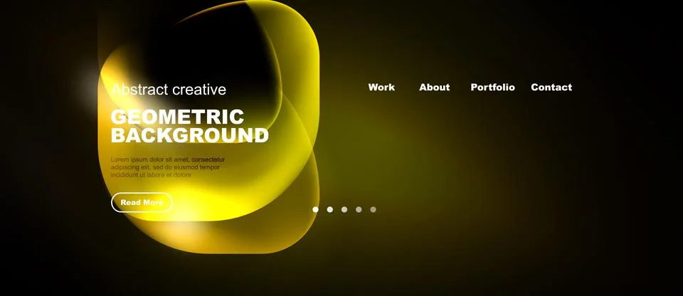 Dark background features vibrant yellow abstract shapes, text, navigation men Иллюстрация