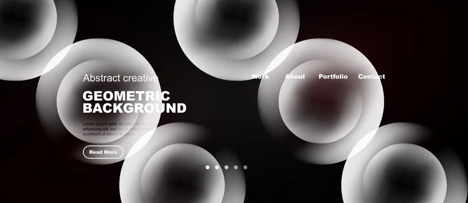 Dark background features white overlapping circles. Text includes geometric Illustrazione stock