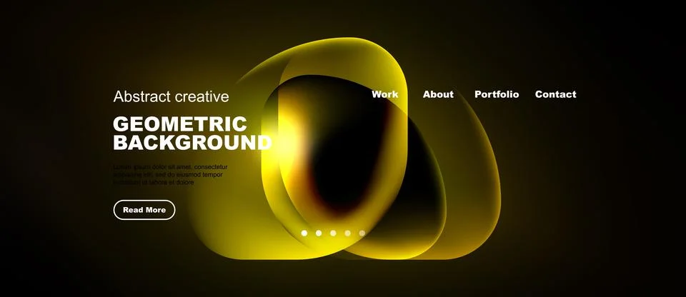 Dark background features yellow abstract shapes, text, navigation menu. Moder Stock Illustration
