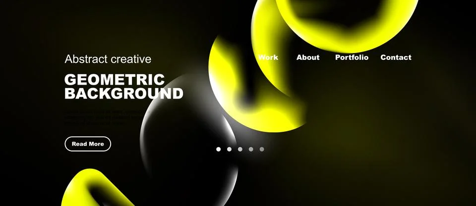 Dark background features yellow abstract shapes, text elements, navigation .. Stock Illustration