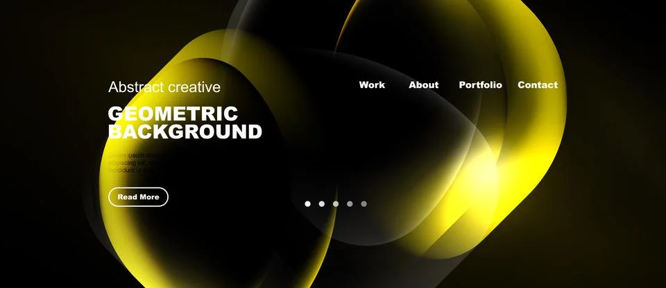Dark background features yellow abstract shapes, text elements. Website heade Illustrazione stock