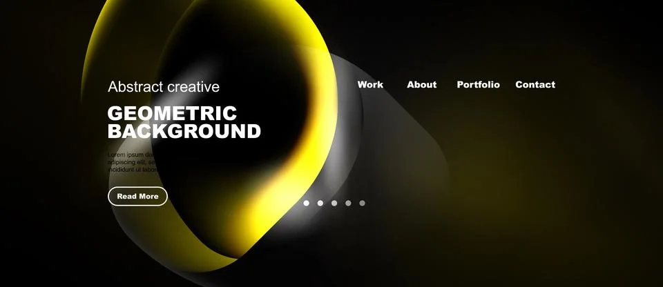 Dark background features yellow abstract shapes, text elements, navigation .. Stock Illustration