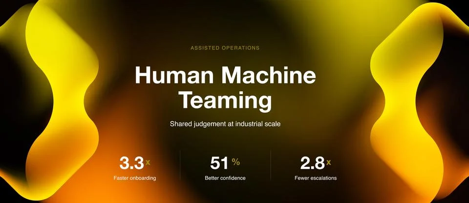 Dark background features yellow abstract shapes, text promoting human machine イラスト素材