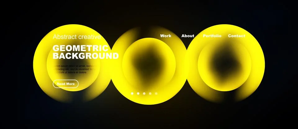 Dark background features yellow geometric shapes, text, navigation menu. Mode 스톡 일러스트