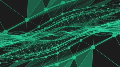 Dark background with figures with abstract lines and dots of light green neon Stock Illustration