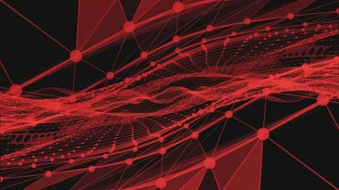 A dark background with figures with abstract neon red lines and dots Stock Illustration
