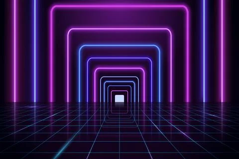 Dark background with glowing neon rectangles and perspective grid. Glowing .. Stock Illustration