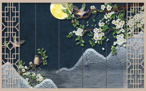 Dark background, gray mountains, full moon, branches with white flowers Stock Illustration