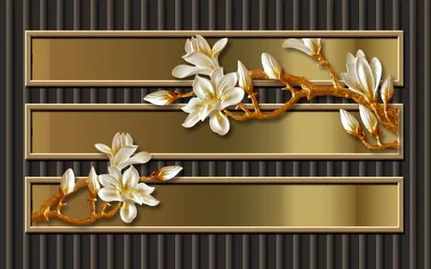 Dark background, horizontal rectangles, large white flowers on branches Stock Illustration