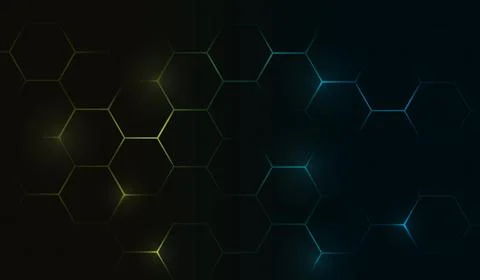 Dark background with illuminated hexagonal pattern in yellow and blue light.. Stock Illustration