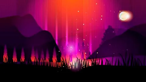 The dark background landscape. The moon and glow and a neon figures Stock Illustration