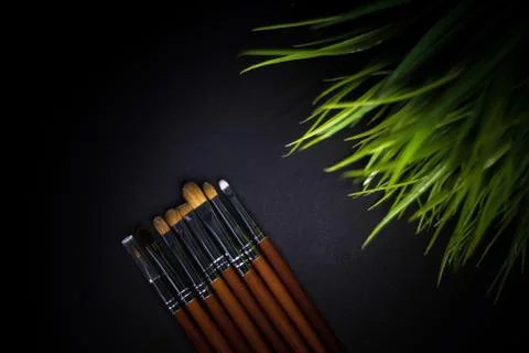 Dark background with make-up brushes Stock Photos
