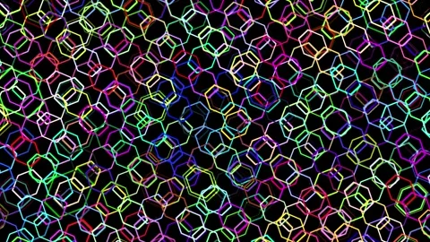 On a dark background, a moving pattern of multi-colored hexagons. Animate a Stock Footage 281441514
