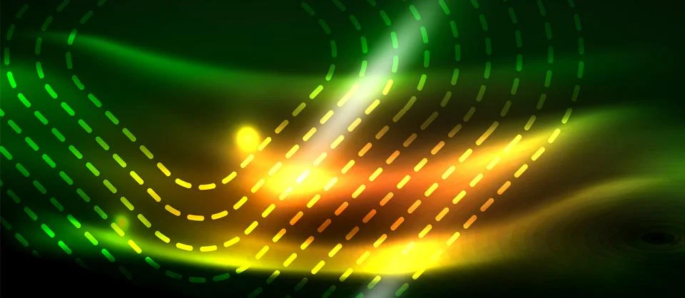 Dark background with neon glowing elements, shiny motion concept 库存插图