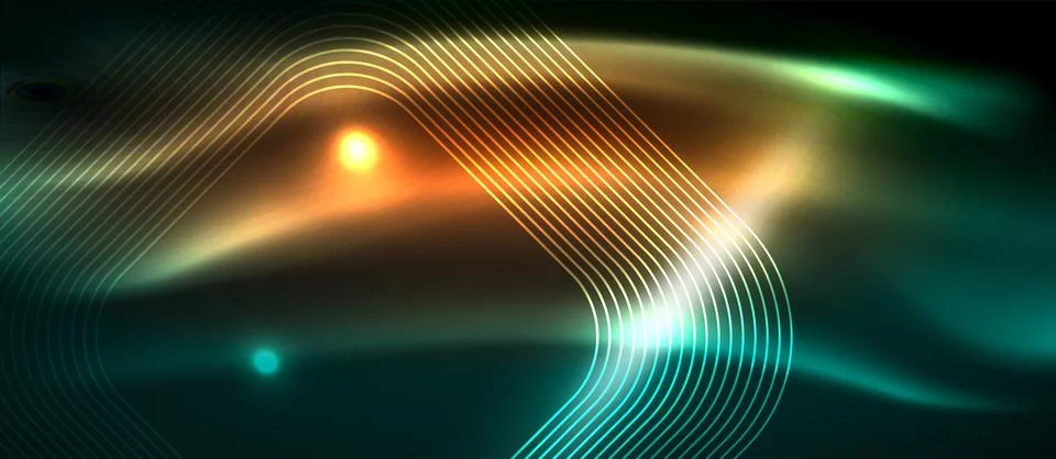 Dark background with neon glowing elements, shiny motion concept Stock Illustration