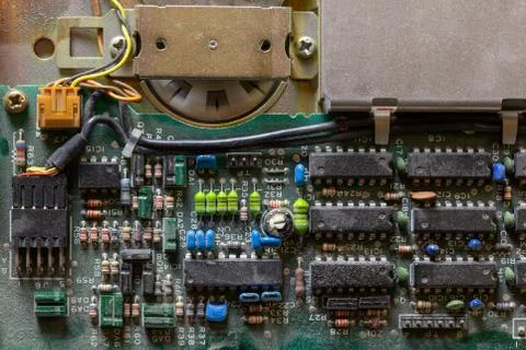 Dark background of old electromechanic closeup with dust 库存照片