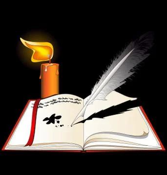 Dark background, the open book with empty pages and burning candle Stock Illustration