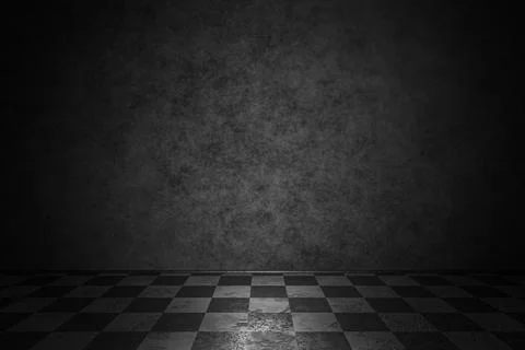 Dark background, part of the interior. Concrete wall with old checkered floor Foto stock