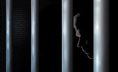 Dark background, prisoner and prison cell. In jail behind bars Ilustración de archivo