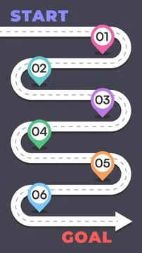 Dark Background Roadmap Infographic With Six Colorful Steps Arrow Path And .. Stock Illustration