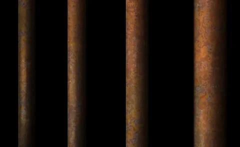 Dark background rusty prison bar. Black cell modern perspective iron interior Ilustración de archivo