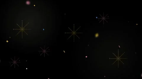 Dark background with scattered geometric starbursts and small colorful dots 動画素材 335826288