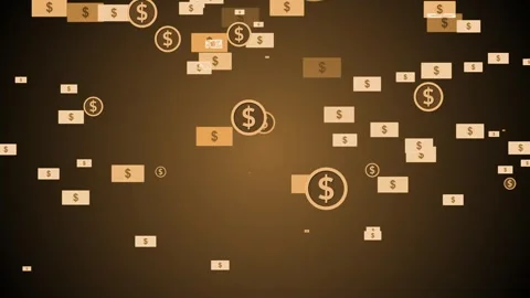 Dark background with scattered rectangular banknote icons and circular doll.. Stock Footage 335488406