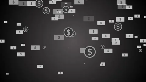 Dark background with scattered rectangular banknote icons and circular doll.. Vídeos de archivo 335488635