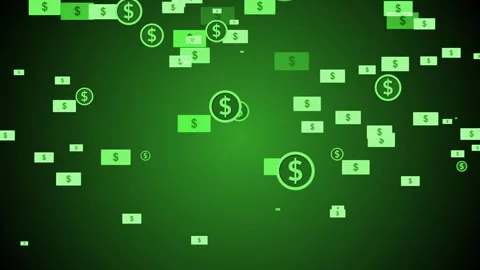 Dark background with scattered rectangular banknote icons and circular doll.. Video stock 335488685
