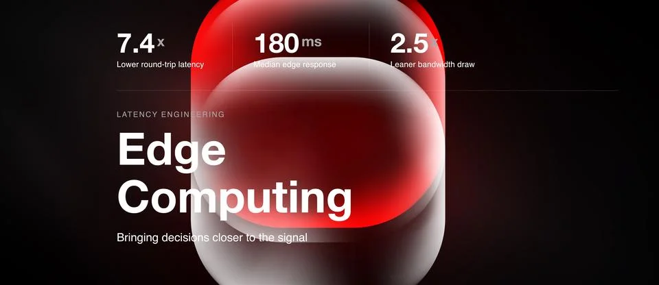 Dark background showcases edge computing concept. Metrics highlight latency Stock Illustration
