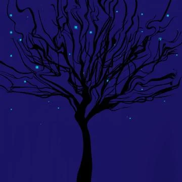 Dark background with starry night and tree silhouette Stock Illustration
