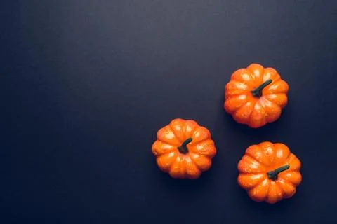 Dark background with three pumpkins. Stock Photos