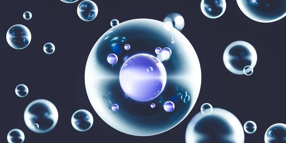 Dark background with transparent blue bubbles and DNA strands. 3d animation Illustrazione stock