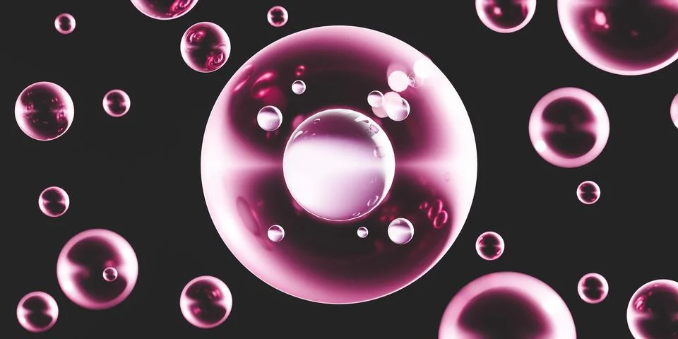 Dark background with transparent pink bubbles and DNA strands. 3d animation Illustrazione stock
